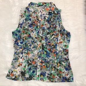 Tahari Women’s Blue & Green Orange splashes of color Sheer Collared Sleeveless